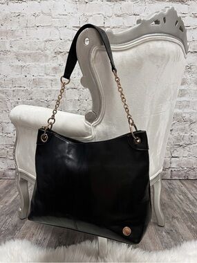 Tignanello Black Leather Shoulder Bag with Gold Chain Detail
